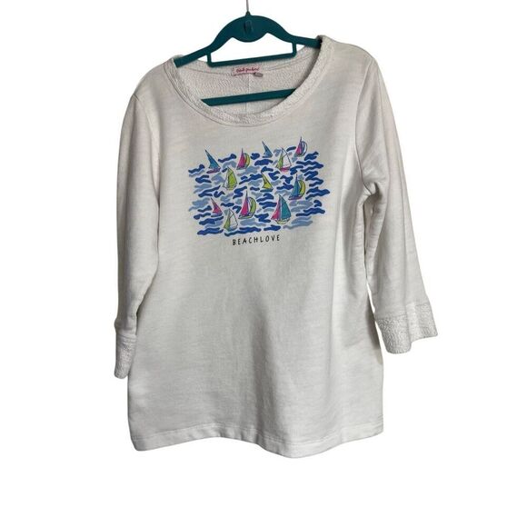 Fresh Produce Beachlove Top Womens Size SM White Graphic 3/4 Sleeve Relaxed - Picture 1 of 9